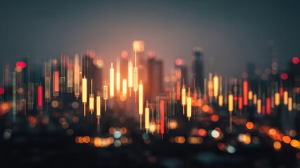 abstract glowing big data forex candlestick chart on blurry city backdrop trade technology investment and analysis concept double exposure no logos no brands ar 169