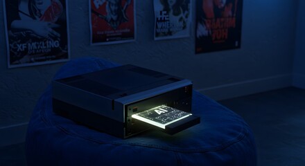 Modern Scanner with Illuminated Screen on Bean Bag in Dimly Lit Room