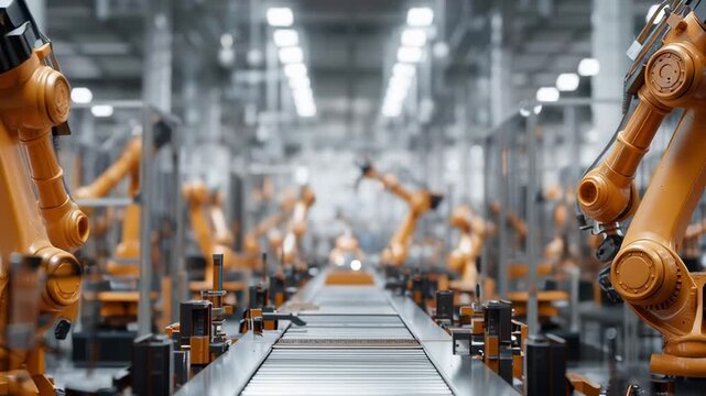 Two robots are working together in a factory. The robots are orange and are positioned next to each other