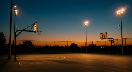 Empty outdoor basketball court at dusk with illuminated floodlights. Sport activity place at sunset. Sports venue ready for game.
