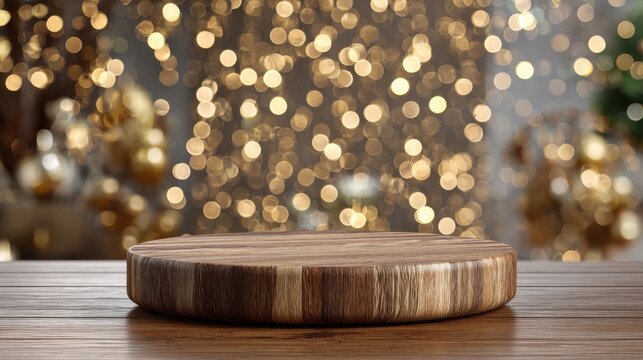 wooden pedestal with bokeh background and christmas decor vibes
