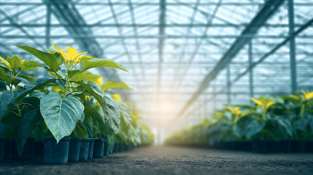 Rows of green plants growing in pots inside a large greenhouse with sunlight streaming through the glass roof