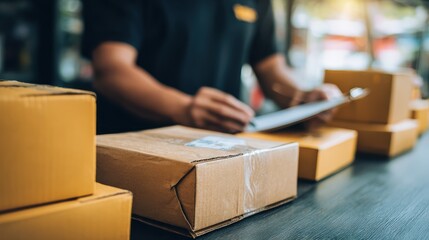 shipment online sales small business or sme entrepreneur owner delivery service and working packing box business owner working checking order to confirm before sending customer in post office no logo