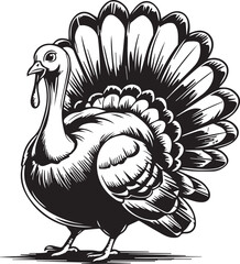 Artistic Turkey Illustration: A detailed, monochrome illustration of a majestic turkey, showcasing its distinctive features and elegant posture.