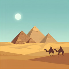 Serene Desert Scene Pyramids, Camels, and the Majestic Sun in a Warm, Sandy Landscape