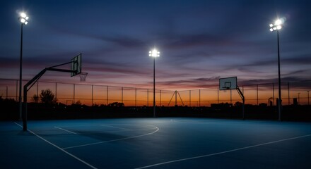 Outdoor illuminated blue basketball court at sunset. Empty sport playground with bright lights for athletic training. Healthy living concept.