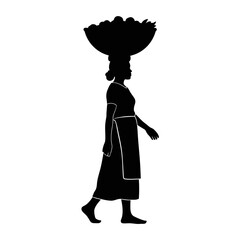 Woman carrying basket of fruit on head silhouette isolated on white background