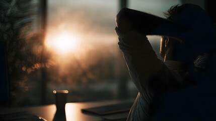 Silhouette of an office worker stretching at desk during a warm sunrise taking a mindful break