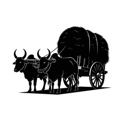 Two oxen pulling a hay cart silhouette isolated on white background © Vectorsumaiya