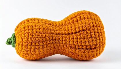 Handmade Orange Crochet Pumpkin with Green Stem on White Background