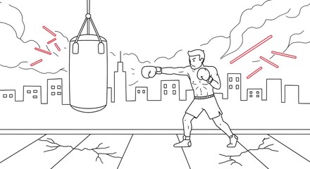 Line art illustration of a powerful boxer training with a punching bag on a city rooftop, showing strength and determination