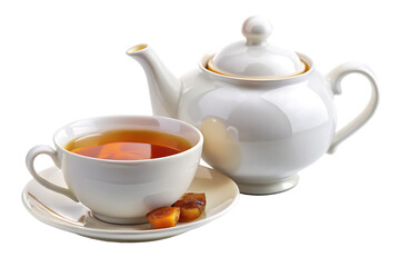 White Teapot and Swirl Cup with Two Amber Sugar Cubes on Saucer graphic design isolated on a transparent background