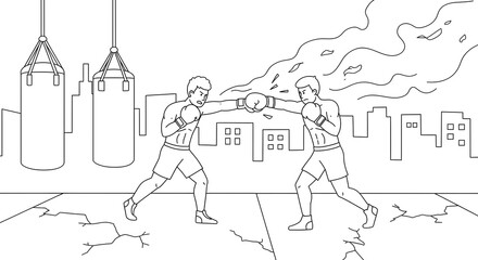 Two boxers in a ring facing off with punches thrown amidst a city skyline and cracked ground