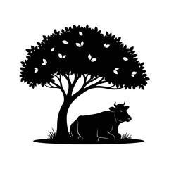 Cow resting under a tree silhouette isolated on white background