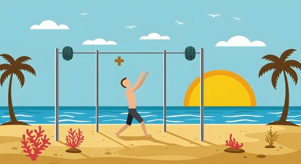Beach fitness and healthy lifestyle concept - a man exercising outdoors by the sea