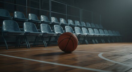 Basketball on court with empty bleacher or spectator seats. Sport competition or training concept. Arena or stadium for basketball game.