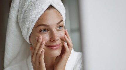 beauty girl looking at mirror while touching her face and checking pimple wrinkles and bags under the eyes during morning beauty routine happy smiling beautiful young woman applying moisturizer  no l