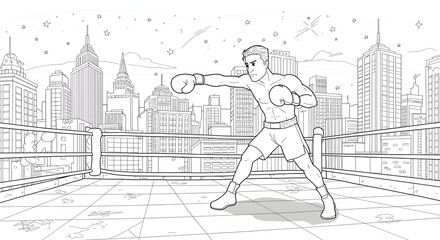 Boxer Training on Rooftop with City Skyline, Black and White Illustration