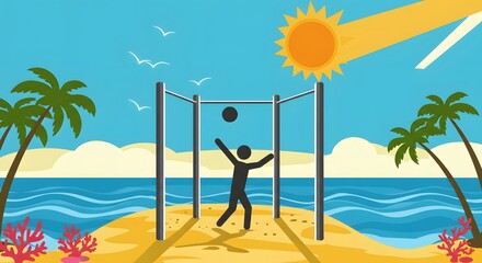 Beach Volleyball Fun A Stick Figure's Sunny Day Game with Palms and Seabirds