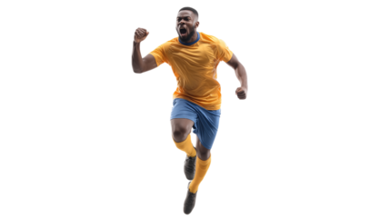 A man in a yellow shirt and blue shorts is jumping up in the air