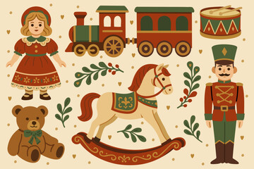 Vector set of vintage toys. Doll, locomotive, drum, teddy bear, rocking horse, tin soldier