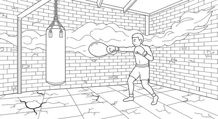 Boxer Training in a Brick-Walled Gym with a Punching Bag and Boxing Gloves Line Art