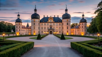 Elegant European Castle with Onion Domed Towers at Sunset