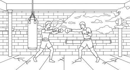 Line art featuring two male boxers training in a gym. One strikes a punching bag, the other practices a fighting stance. Perfect for sports coloring book activities