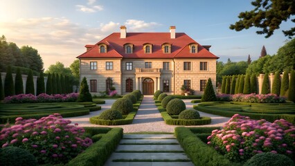 Elegant European Manor with Red Roof and Landscaped Garden
