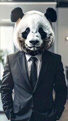 A person in a suit, wearing a panda head