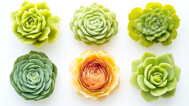 Different rosettes of Echeveria succulent plant, on the white background 