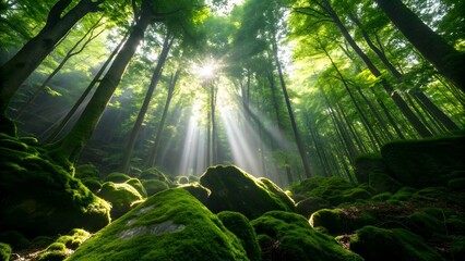 Enchanted Mossy Forest with Sunlight Rays Through Trees