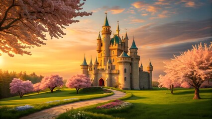 Fairy Tale Castle with Cherry Blossom Trees at Sunset