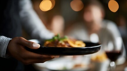A waiter s hand presents a gourmet dish to diners in a softly lit elegant restaurant