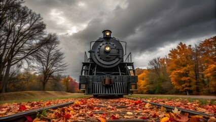 Front view of vintage steam locomotive on railway track in autumn forest