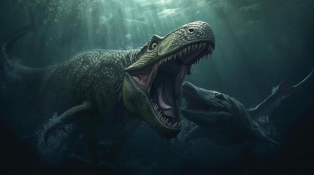 Prehistoric Ocean Battle Between Mosasaurus and Ichthyosaurus AI Generated illustration 