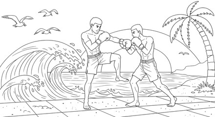 Dynamic Muay Thai Fighters on a Tropical Beach A Blend of Sport and Scenery