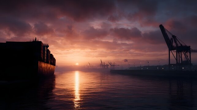 A large cargo ship enters a harbor at sunset with industrial cranes silhouetted against a dramatic colorful sky - Powered by Adobe