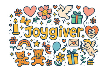 Naklejka premium Joyful Doodle Art. Joygiver. Hand-drawn doodle illustration of Joygiver. hearts, flowers, gift boxes, doves,