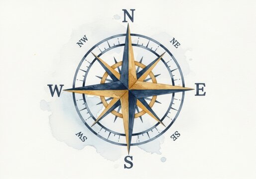Watercolor compass rose with cardinal directions n, s, e, w, isolated on a white background