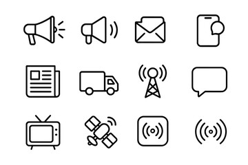 News Icons Grid. News Delivery. Line outline icon set of News Delivery: megaphone, loudspeaker, email,