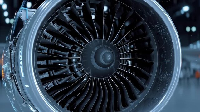 A jet engine is shown in motion, with a blurred background. Concept of speed and power, as well as the impressive engineering behind the design of the engine