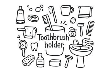 Bathroom Doodle Art. Toothbrush holder. Hand-drawn doodle illustration of a toothbrush holder. In the middle,