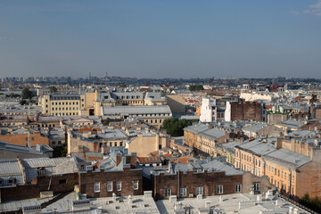 view on Saint Petersburg roofs of old historical houses, urban cityscape background with blue sky,...