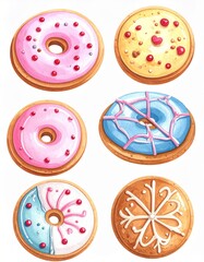 Fototapeta premium Colorful Variety of Glazed Doughnuts with Sprinkles on a White Background