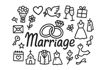 Fototapeta premium Whimsical Wedding Doodles. Marriage. Hand-drawn doodle illustration of marriage. In the middle, one slightly
