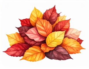 Fototapeta premium Pile of Watercolor Autumn Leaves in Yellow Orange and Red on White Background