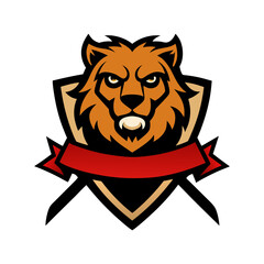 fierce lion mascot logo icon with swords and banne vector art