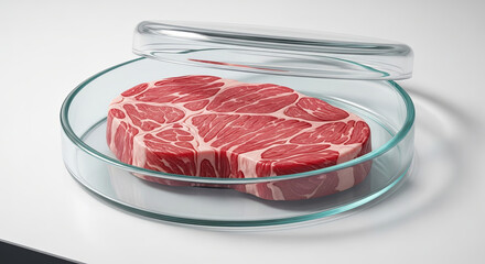 Lab-grown meat in a petri dish symbolizes the future of food science and sustainable protein alternatives for a growing global population seeking healthier options