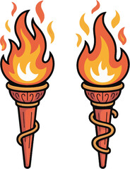 Two stylized fire torches with intricate designs. This vector graphic showcases two vibrant fire torches, rendered in a cartoonish, yet detailed style.